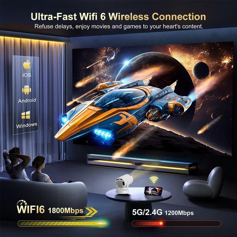 Portable Mini HY300 Pro HiFi Speaker Android TV Projector with WiFi and Bluetooth - 1080P FHD, 2x5W Speaker 360° Stereo Sound, WiFi6, Auto Keystone, Bluetooth 5.4, Compatible with Android/iOS/USB/HDMI