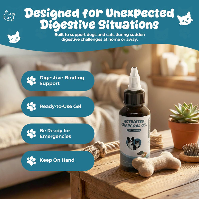 Activated Charcoal Gel for Dogs and Cats, Ready-to-Use Emergency Support for Accidental Ingestion, Diarrhea, Gas Relief & Digestive Upset, Pet First Aid Essential, 30 mL