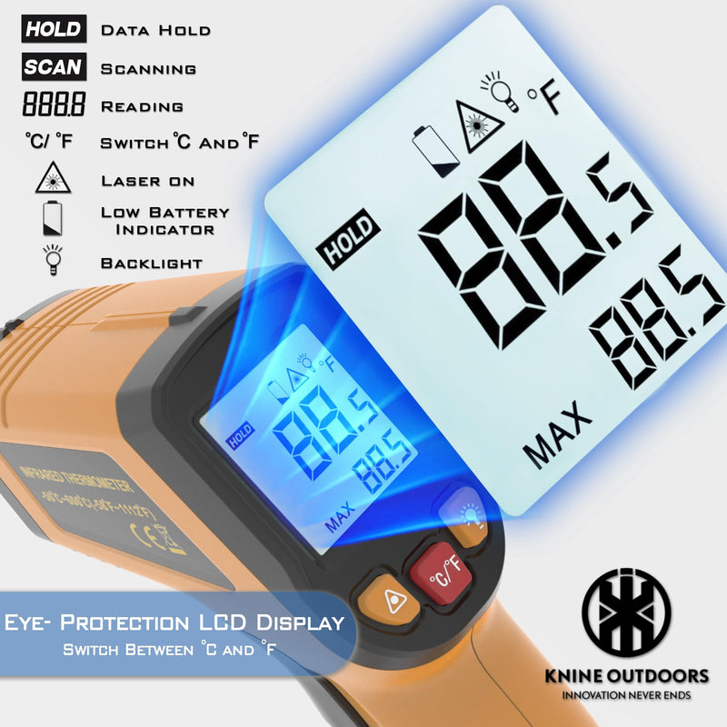 KNINE OUTDOORS Infrared Thermometer Laser Temperature Gun, -58℉ to 1112℉, Single Laser Targeting, Distance to Spot Ratio 12:1, for Cooking, Oven and Meat