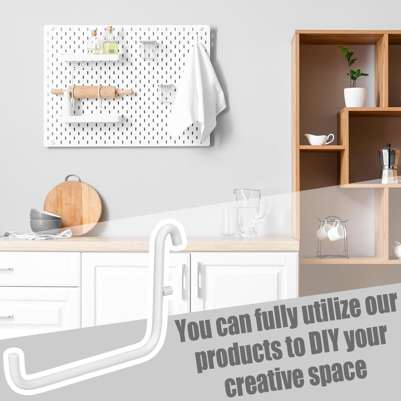 12 Pcs Pegboard Hooks, 6 x 9.5 Centimeters, Pegboard Accessories Compatible with IKEA Skadis Pegboard, Long Pegboard Hooks Set Metal Storage Tool Waterproof Home Office Indoor Supply (White) White