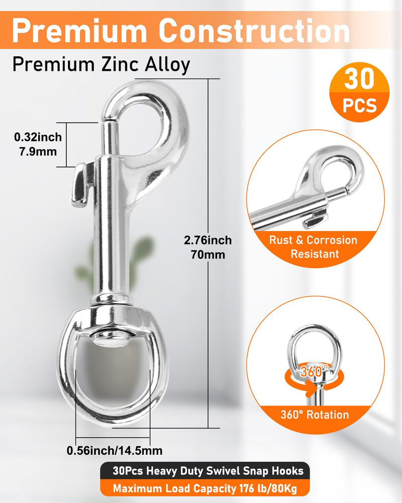 30 Pcs Swivel Snap Hooks for Dog Leash, Heavy Duty 2.75" Swivel Clip Clasp Single Ended Swivel Clip, Multipurpose Bolt Snap for Keychain Camera Strap Linking Pet Leash (Classic,0.57") Silver 2.75"