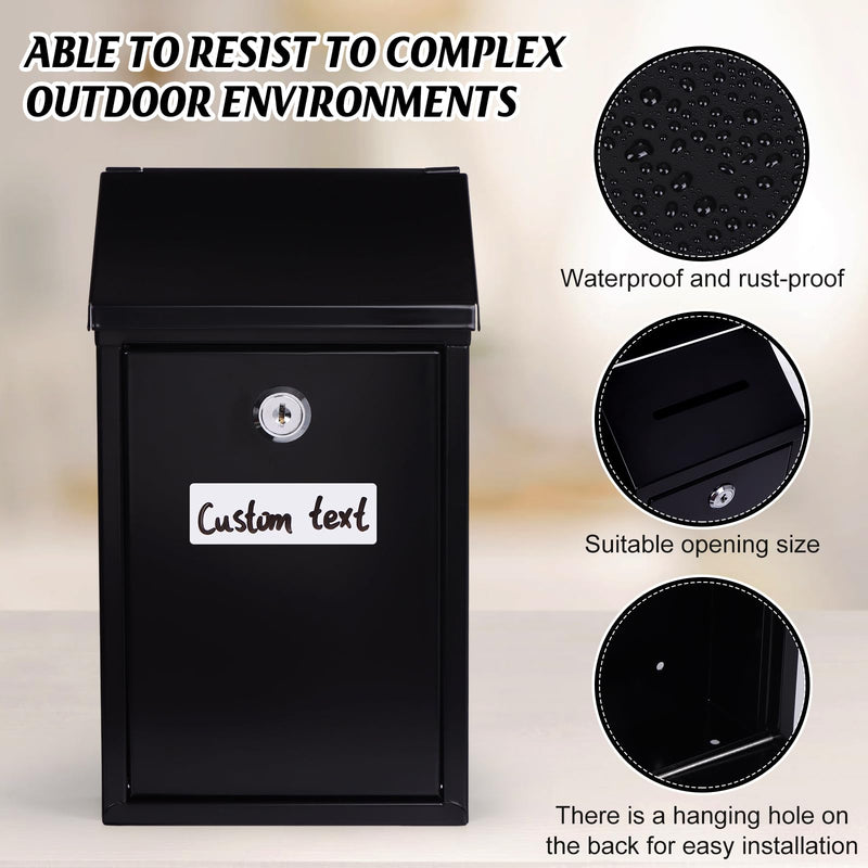 Metal Donation Box Charity Steel Collection Box Office Suggestion Secure Mailbox with Top Slot and Lock with Keys Wall Mount Waterproof Mailbox for Home Office (Black, 10.2 x 5.7 x 2.9 Inch) Black