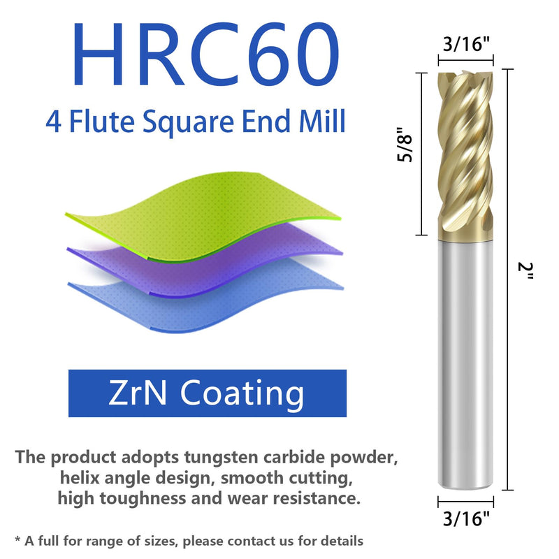 3/16" Carbide Square End Mill with ZrN Coating 4 Flute Unequal Helix Design Mill Bits Sets for Roughing and Finishing (5PCS) 3/16 in 5