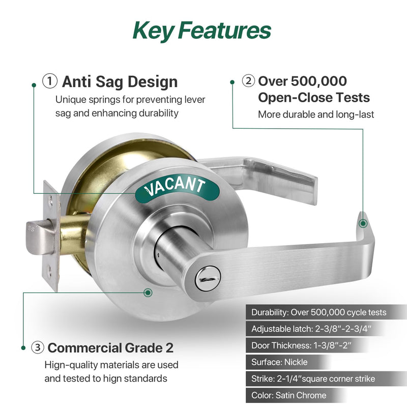 Privacy Indicator Lever Lock Inuse or Vacant, Occupied Bathroom Door Handle, Commercial Door Knob Perfect for Office Buildings,Gyms, Warehouse (Satin Chrome) Satin Chrome