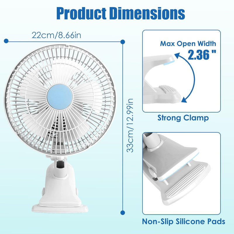 Clip On Fan, AC 110V 8.66inch Adjustable Clip Table Fan, Quiet Clamp Fan White
