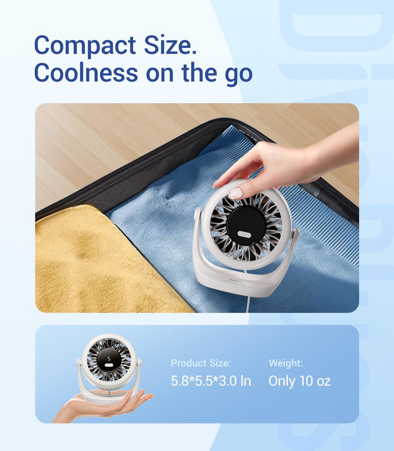 Diveblues USB Desk Turbo Fan, Ultra-Quiet Mini Desk Fan, Powerful Wind, LED Display, 5 Speed, 360° Rotating Small Portable Fan for Home, Office and Outdoor Cool Tech Gadgets - TurboBreeze Snow white