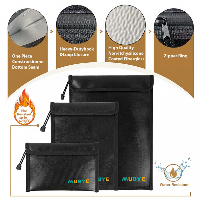 Upgraded Fireproof Waterproof Document Bag - 3 Pack Safe Money Bags With Zipper, Fire & Water Resistant Storage Organizer Pouch for Documents Holder,File,Cash,Passport,Tablet (Black) Black