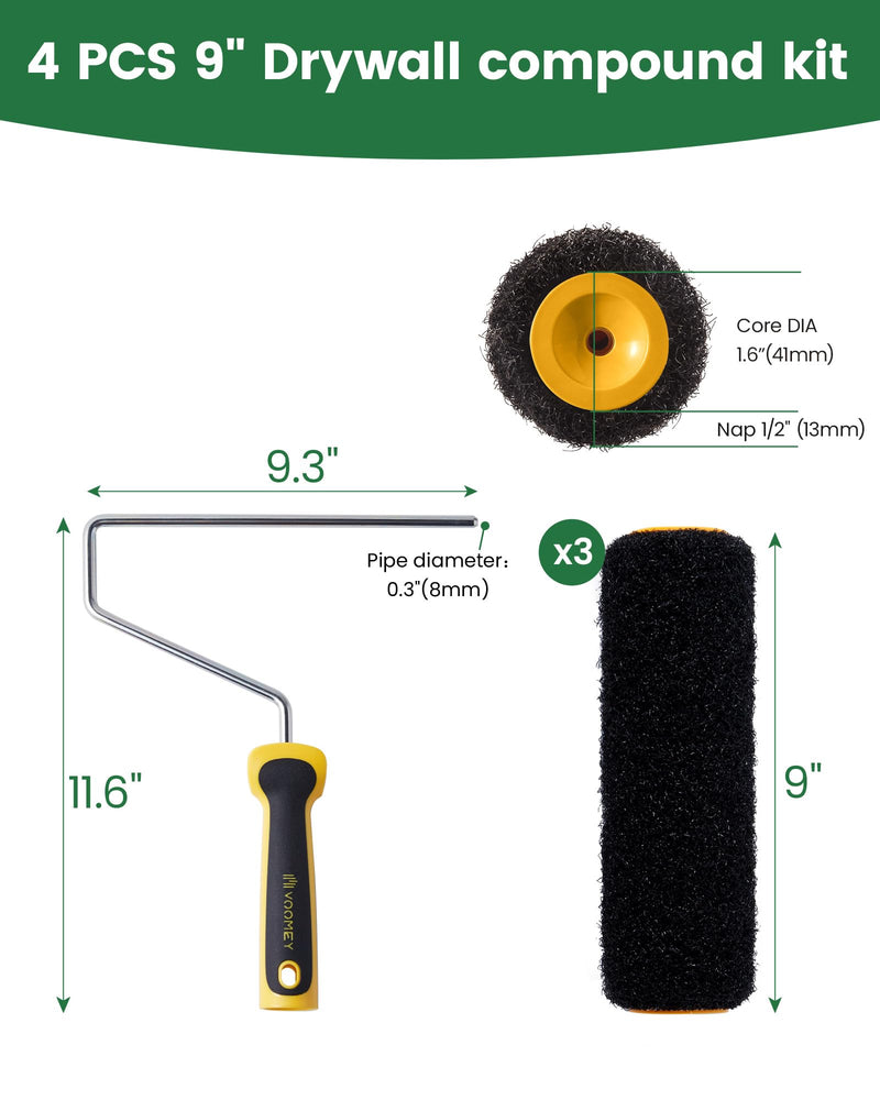 Voomey 3 Pcs 9 Inch Drywall Compound Roller Cover with Paint Roller Frame 3pcs 9" Drywall Compound Roller with roller frame