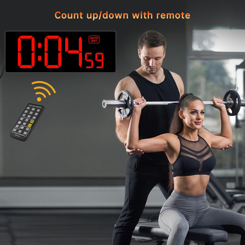 Soobest Digital Wall Clock with Seconds for Gym, Remote Countdown Timer Large LED Display 5 Dimmer Red