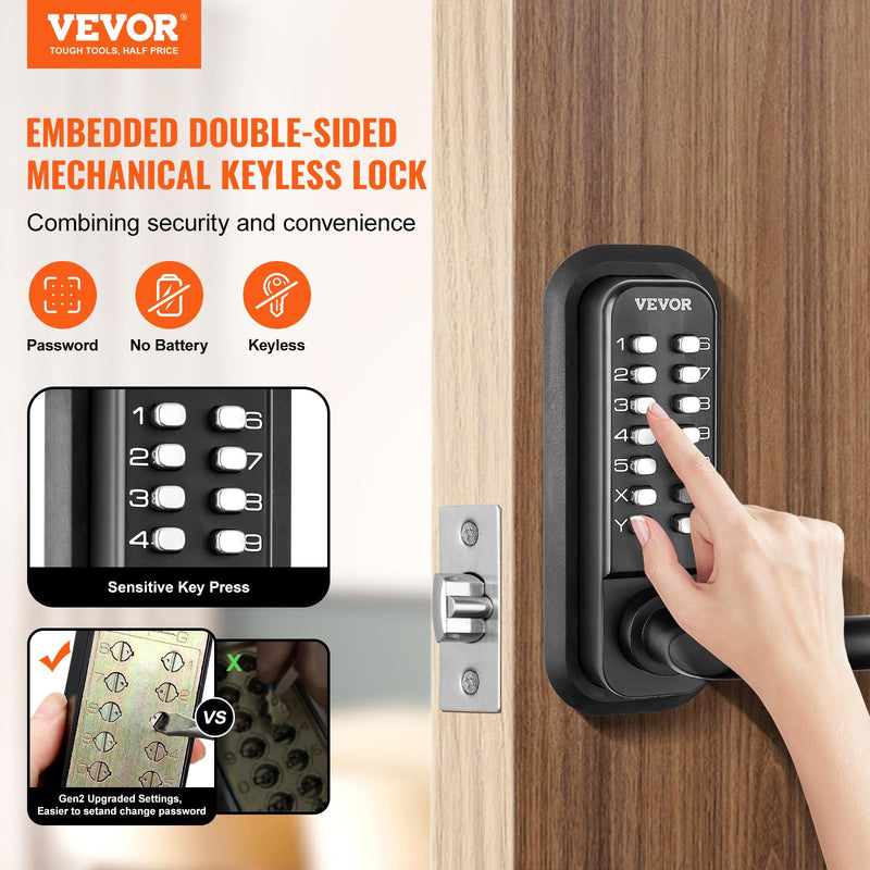 VEVOR Mechanical Keyless Entry Door Lock, 14 Digit Keypad, Double-Sided Embedded Outdoor Gate Door Locks Set with Keypad and Handle, Water-Proof Zinc Alloy, Easy to Install, for Garden, Yard, Garage Black Mechanical + Embedded + Double Side