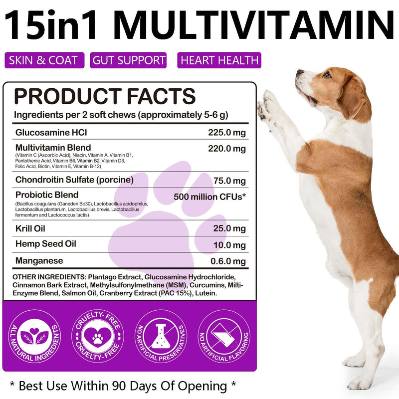 Dog Multivitamin Chewable 150 Chews, 15-in-1 Dog Vitamins and Supplements, Dog Daily Vitamins Chewable Glucosamine Probiotics for All Ages All Breeds (Duck Flavor) - PawsPlanet Australia