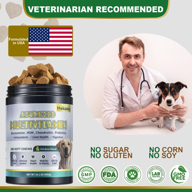 Advanced 24-in-1 Multivitamin Chews for Dogs - 200 Soft Chewable All-in-One Vitamin Support Supplement for Dog Skin Coat Itch Relief, Joints, Gut Health, 12 Essential Vitamins Treats with Omega-3 Golden