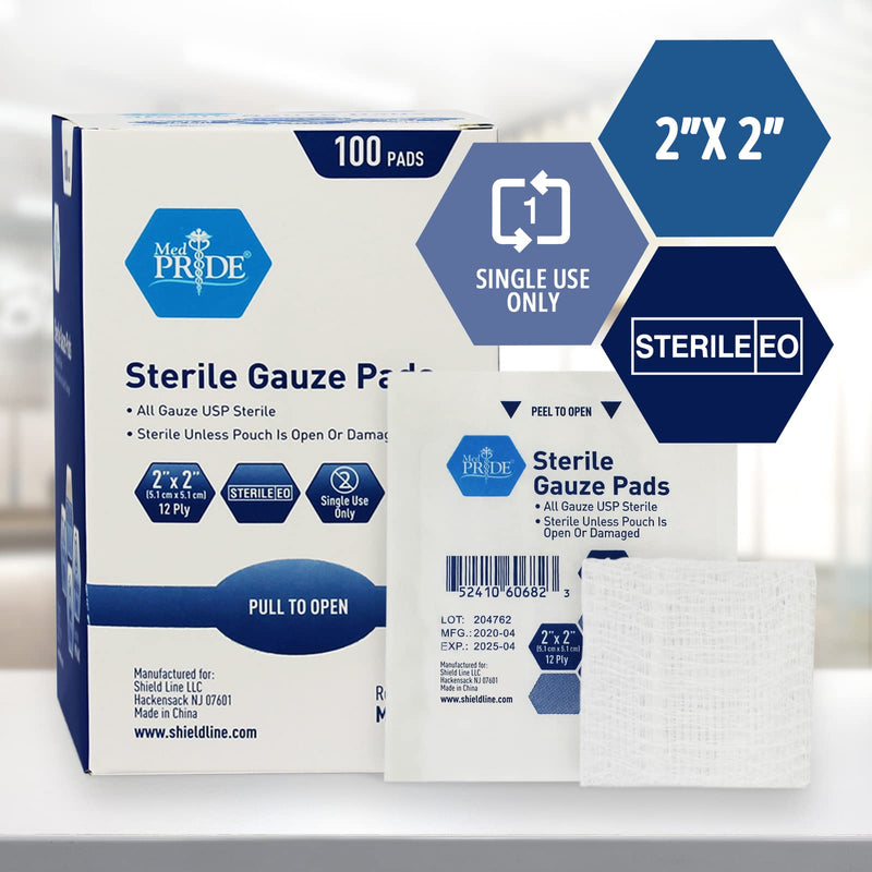 MED PRIDE 2'' x 2'' Sterile Gauze Pads for Wound Dressing| 100-Pack, Individually Packed Pouches| 12-Ply Cotton & Highly Absorbent| Gauze Sponge-Pads for Wound Care & Home First Aid Kits 2x2 Inch (Pack of 100)