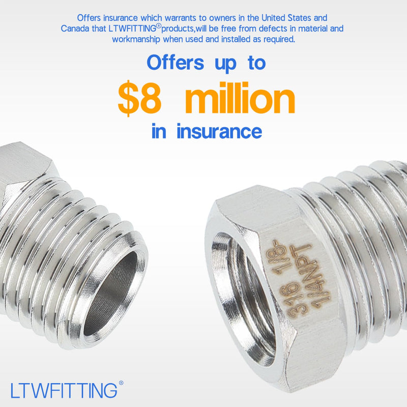 LTWFITTING Bar Production Stainless Steel 316 Pipe Hex Bushing Reducer Fittings 1/4" Male x 1/8" Female NPT Fuel Water Boat (Pack of 25)