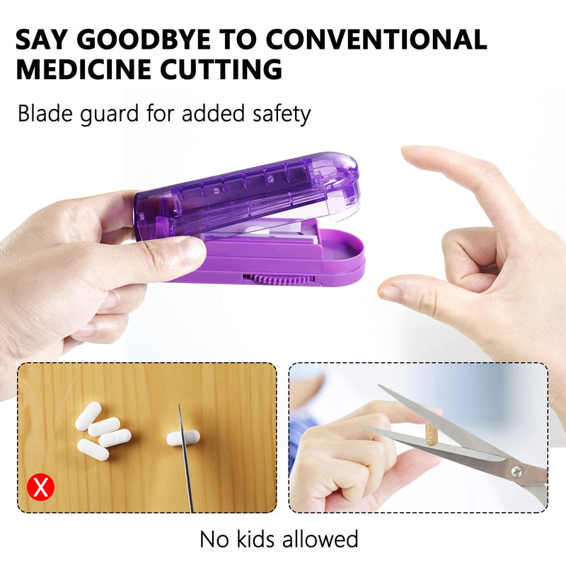 Pill Cutter Splitter for Small and Tiny Pills, Adjustable Pill Cutters for Small Tablets, Accurately Cuts Multiple Pills at Once (Sharp Blade with Safety Guard,Non-Slip Silicone Edge) Purple