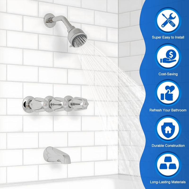 Dreyoo 3 Piece Metal Shower Knob Replacement Compatible with Price/Pfister Verve Tub Shower, Bathtub Faucet Handle Remodel Trim Kit Include 1 Hot 1 Cold 1 Diverter and 3 Screws(Polished Chrome) Polished Chrome
