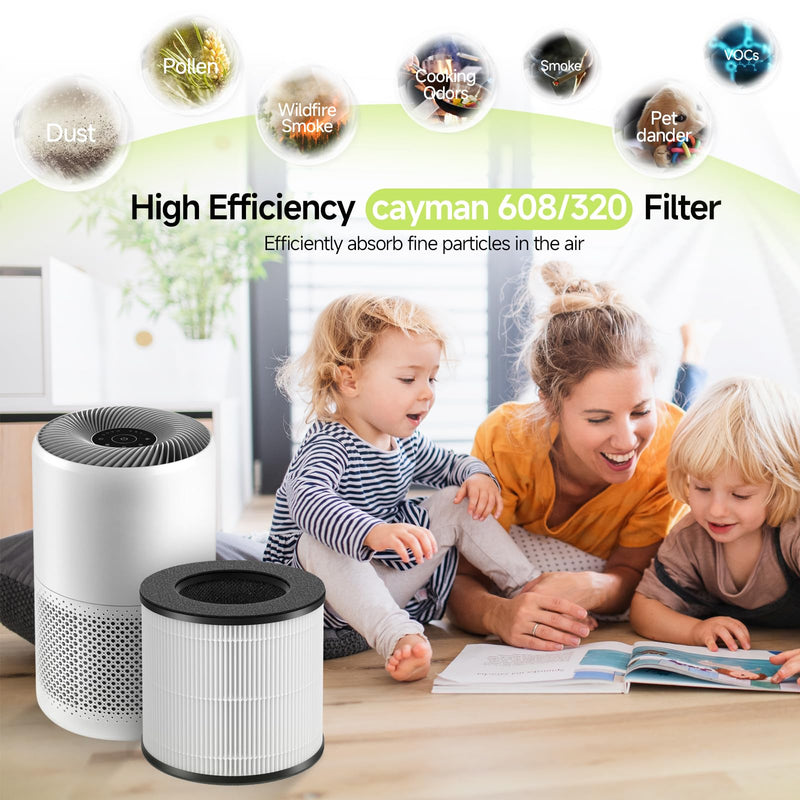 Cayman 608 320 Replacement Filter Compatible with Okaysou Cayman 608, Cayman 320 Air Cleaner Purifier, 3-in-1 Filter of Activated Carbon and Fine Pre-Filter, 2 Packs