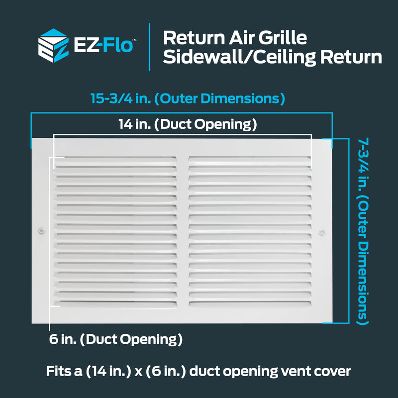 EZ-FLO 14 x 6 Inch (Duct Opening) Return Air Vent Cover for Wall or Ceiling, Solid Steel Return Air Grille, HVAC Vent Cover, White, 61628 14 in. x 6 in.