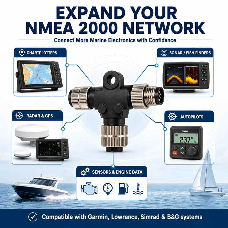 Metal Shielded NMEA 2000 T-Connector (Tee) – Upgraded Heavy Duty Marine Network Splitter with Corrosion-Resistant Brass Nuts, Compatible with Garmin Lowrance Simrad B&G Navico (3-Way) 3 way
