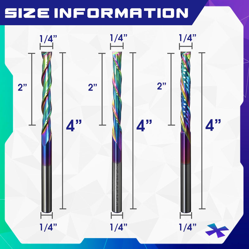 3pcs Spiral Router 1/4” Shank, Extra Long 4" OVL, 2" Cutting Length, Up Cut Downcut Compression Solid Carbide CNC Router Bits with TAC Coating End Mill for Wood, Oak, MDF, Aluminum 1/4” x 2” x 4” x 1/4” Multiple