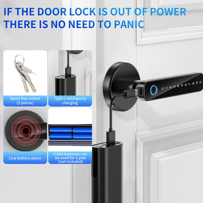 Fingerprint Door Lock- biometric Smart Door knob- passcode keypad Door Handle，for Bedroom Hotel Office Apartment (Black) Black