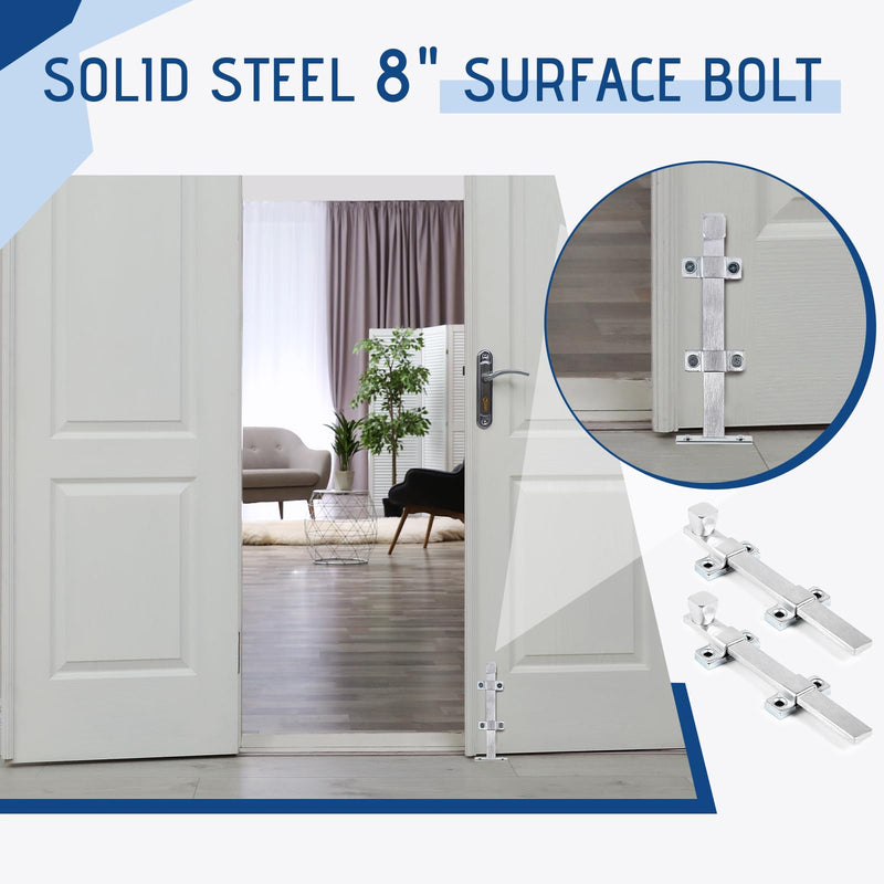 Hicarer 2 Pcs Surface Bolt 8" Heavy Duty Dutch Door Latch Door Bolt Brushed Chrome Finish for Swing Interior Exterior Doors 8 Inch
