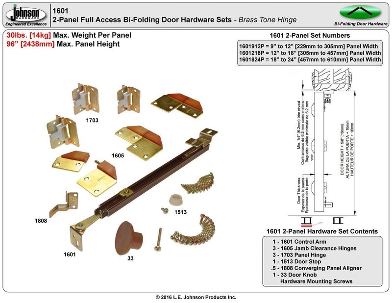 Johnson Hardware 1601218P 100% Full Access Folding Door Hardware Set 24"-36"