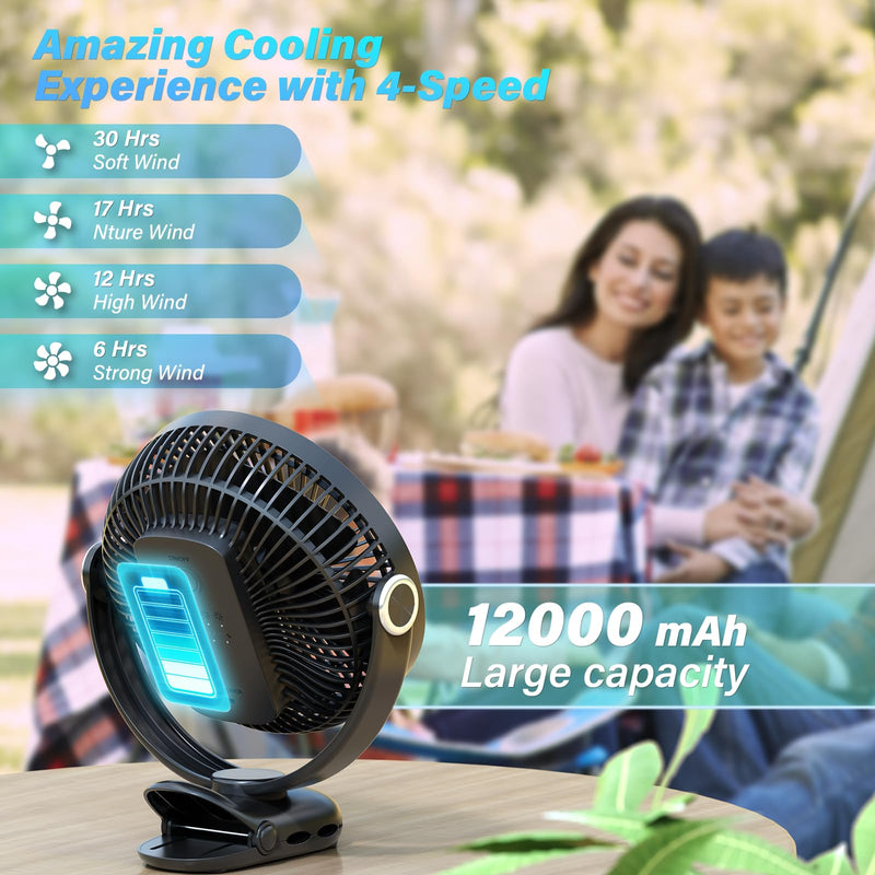 12000mAh Clip on Fan 30H Longest Runtime, 8in Portable Fan Rechargeable, Ultra Quiet with Heavy-Duty Clamp, USB Desk Fans for Golf Cart,Office Desk, Treadmill, Camping, Bedroom Classic Black