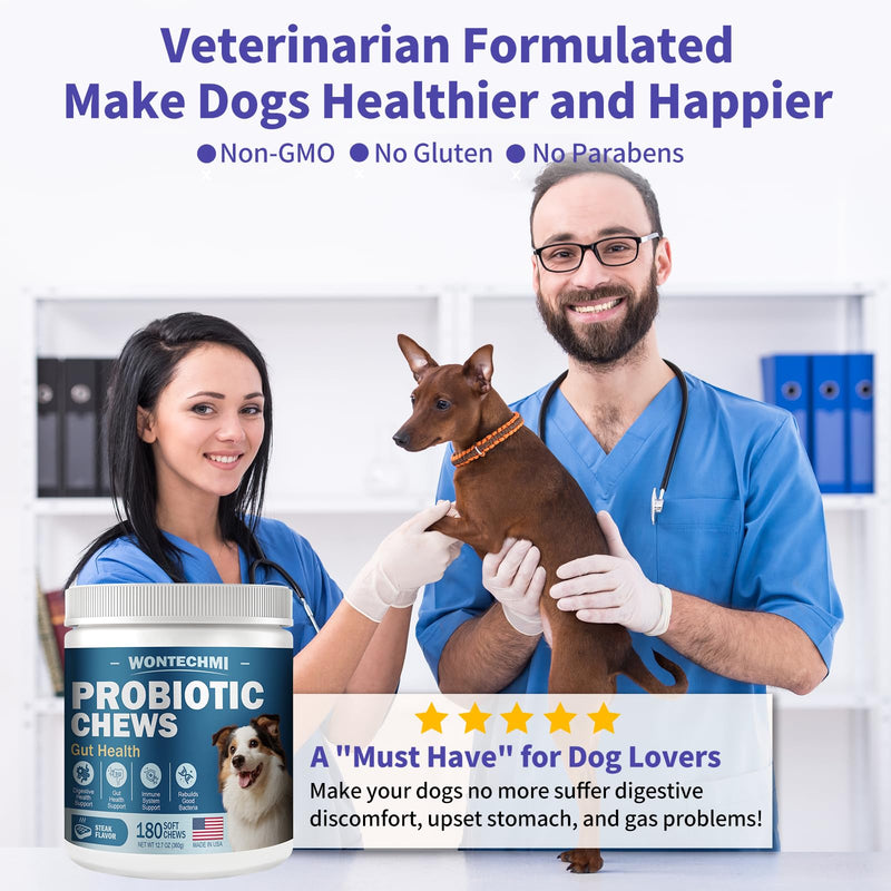 Probiotics for Dogs, Improve Itchy Skin Itchy Ears, Gut Health, Yeast Balance, Allergies, Immunity, Dog Probiotics and Digestive Enzymes with Prebiotics, Reduce Diarrhea (180 Chews, Steak) 180 Chews