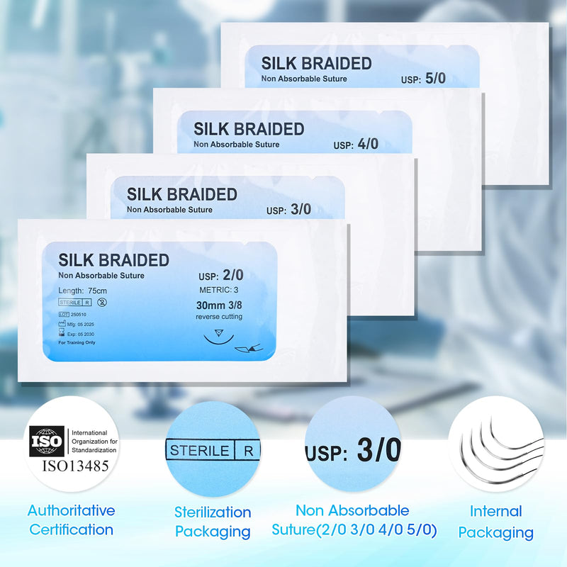 Sutures Practice Thread with Needle - 24 Mixed (2/0, 3/0, 4/0, 5/0) Suture Kit, Silk Braided Suturing Practicing for Students Training Only Silk 24 Mixed(2/0, 3/0, 4/0, 5/0)