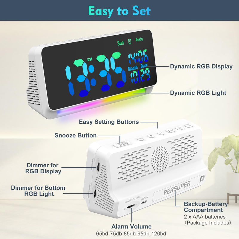 120db Super Loud Alarm Clock for Heavy Sleepers, Bluetooth Connection, 15 Wake Up Sounds, 7 Color Night Light, Dynamic RGB Color Changing, 0-100% Dimmer, Snooze, Digital Clock for Bedroom