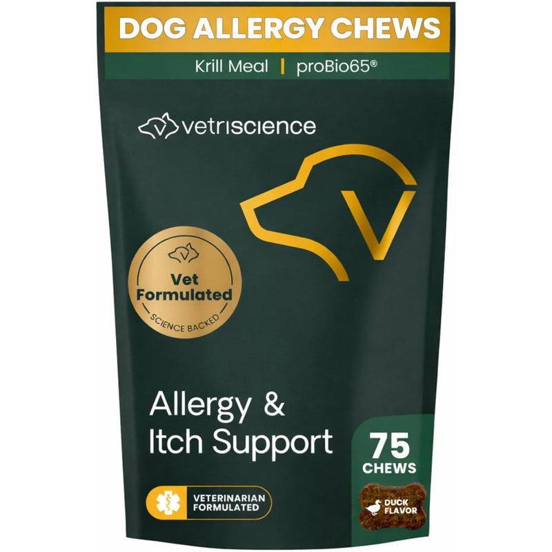 VetriScience Allergy & Itch Support Chews, Skin Supplement for Dogs, Itching, Scratching, and Licking, Support Immune Health, Duck, 75 Count 75 Chews