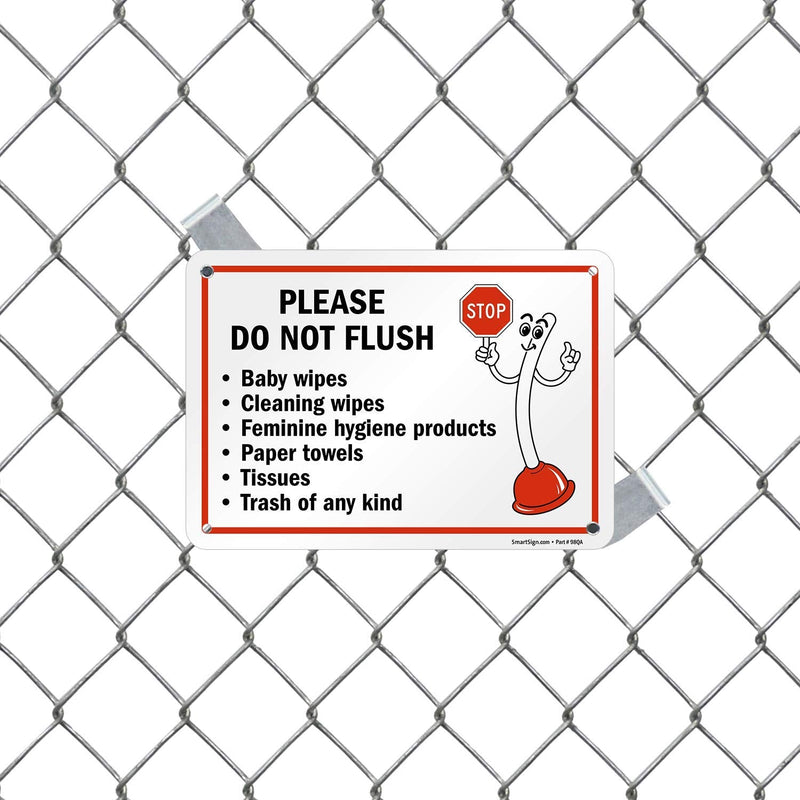 SmartSign 7" x 10" 'Please Do Not Flush Wipes/Feminine Hygiene Products/Paper Towels/Tissues/Trash' Bathroom Sign with Funny STOP Symbol, 55 mil HDPE Plastic, Red/Black/White, USA-Made 7" x 10" - Plastic