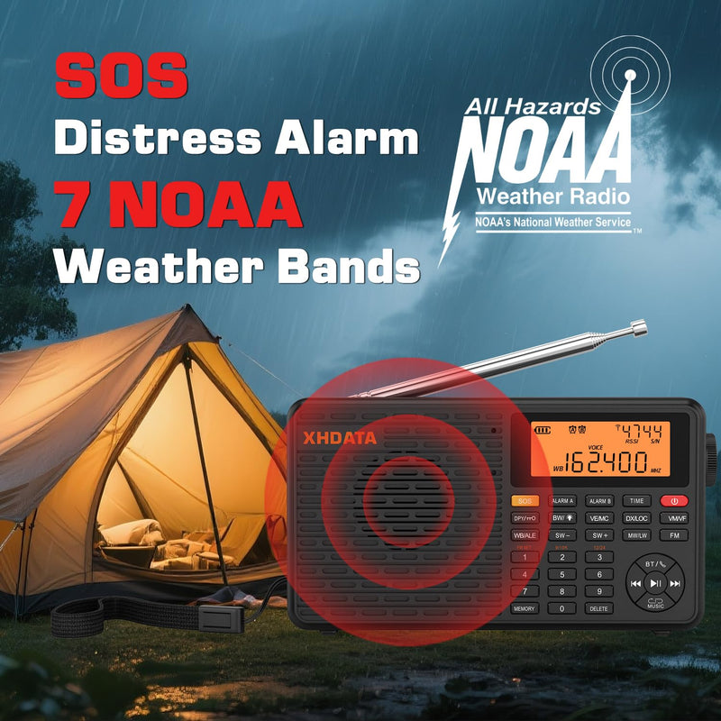 XHDATA D109WB Portable AM/FM/SW/LW/WB Weather Radio Shortwave Radio Receiver with NOAA Alert, Battery Operated Great Sound Wireless BT Mp3 Speaker, SOS Alert Alarm Clock Sleep Function