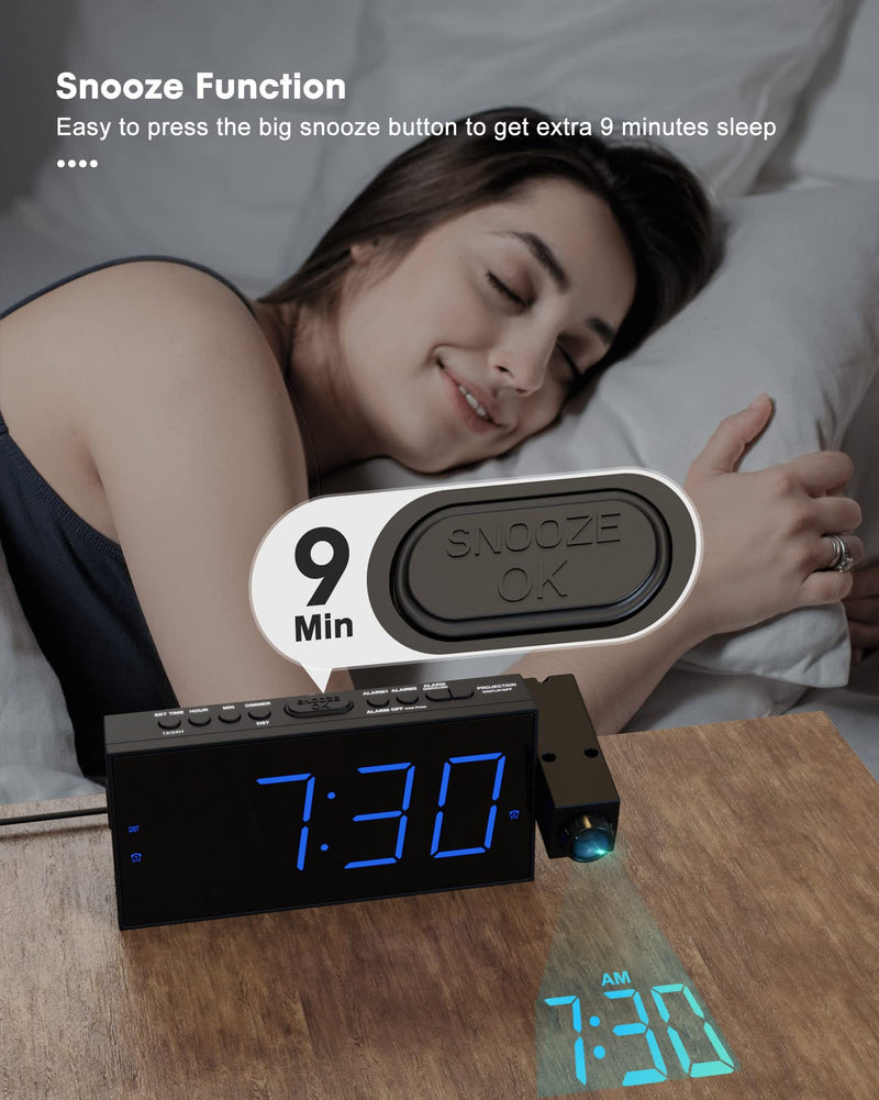 OnLyee Projection Alarm Clock for Bedroom, LED Digital on Ceiling Wall with USB Phone Charging, Battery Backup, 180° Rotatable Projector & Dimmer, 12/24H, DST, Snooze, Dual Loud Bedside Heavy Sleeper Black