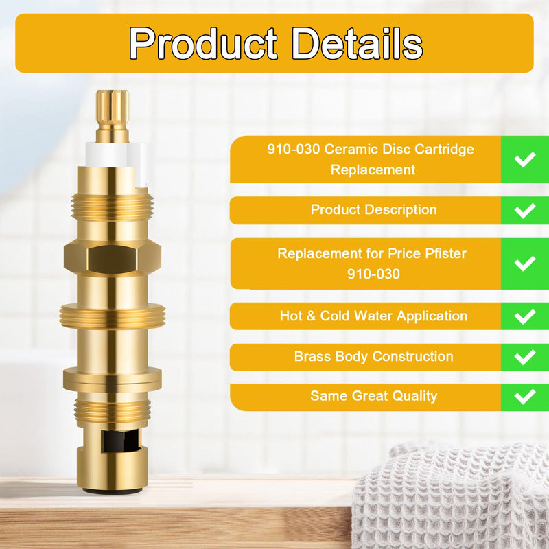 910-030 Ceramic Disc Cartridge Replacement, Compatible with Price/Pfister Shower and Faucet Stem, Shower Valve Cartridge for Tub and Shower Faucet, Brass Construction(2 Pack) 2