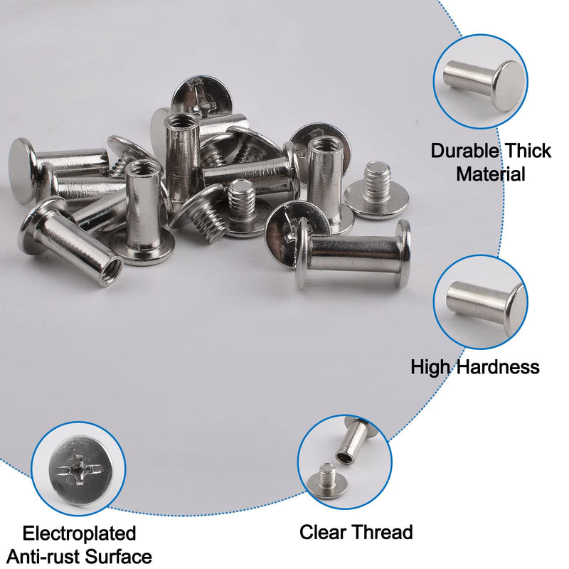 INCREWAY Phillips Screws, 60 Sets 5mm X 12mm Nickel Plated Chicago Binding Screws Round Cross Head Stud Screw Posts Nail Rivet Chicago Button, Silver Tone