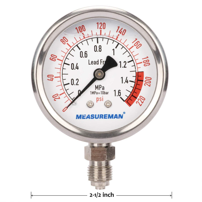 MEASUREMAN Lead-Free Glycerin Filled Reverse Osmosis Pressure Gauge, Purified Water Pressure Gauge, 2-1/2" Dial Size 1/4" Lower Mount, 0-220Psi/Mpa, with PU Tube Connection 0-220 psi with PU Tube Connection