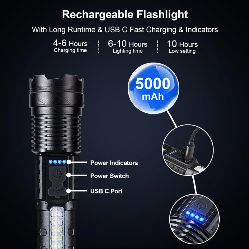 Rechargeable Flashlights High Lumens 2 Packs, 980,000L Tactical Led Flash Light High Powered, Super Bright Zoomable flashlight with 7 Modes, Cob Side Light, Adjustable Flash lights for Home Emergency Large