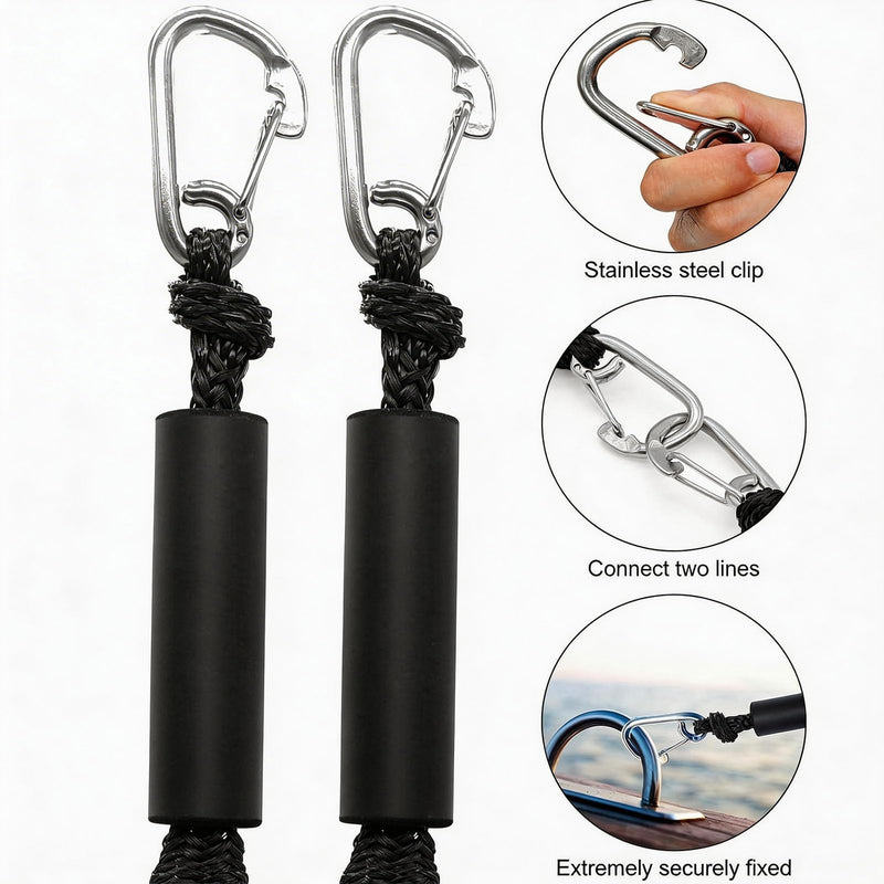 2FT Black Bungee Dock Lines for Boats, 2 Pc Heavy Duty Shock Absorbing Boat Dock Lines with 316 Stainless Steel Clips, Marine Grade Elastic Mooring Rope for Jet Ski, PWC, Kayak, Small Boat Accessories