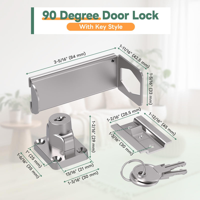Keyed 90° Right Angle Door Lock, 3.3 Inch Lock Latches for Inward Opening & Sliding Doors, Shed - Security Latch Equipped with Independent Key (Silver, 3.3In with Key-2PCS) Silver