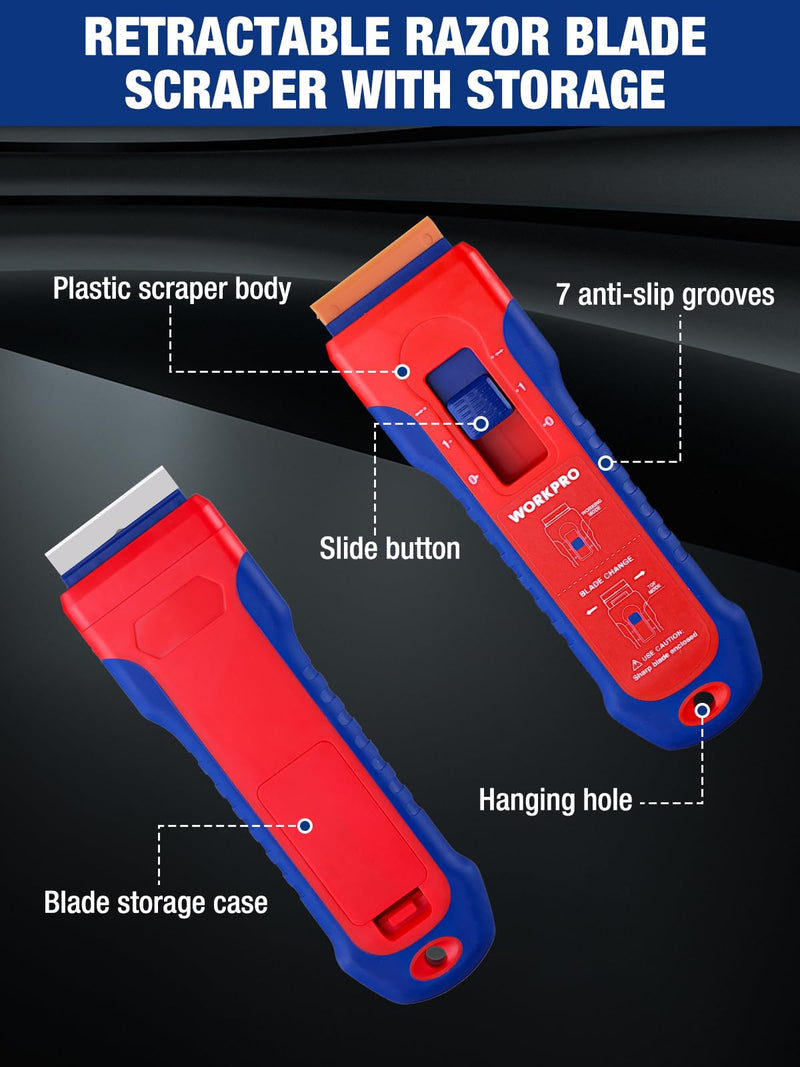 WORKPRO 2-Pack Retractable Razor Scrapers with 182 Metal & Plastic Blades 2 Pack + 182 Blades