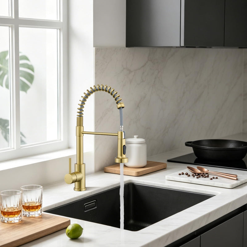 Kitchen Faucet with Pull Down Sprayer, Brushed Gold High Arc Single Handle Spring Pull Out Stainless Steel Faucet for Kitchen Sink, 2 Mode Utility Ideal for Laundry Camper Bar RV Room B-Gold Classic