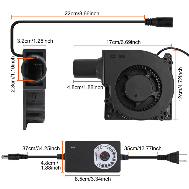 2Set 120mm BBQ Fan 12V Blower Brushless with 110V/120V Variable Speed Controller Fan 4.72in Air Mover Cooling for Camping Quick Charcoal Starter,Outdoor Barbecues,Camping Cooking (2 fan+2 controller) 2pcs-120mm