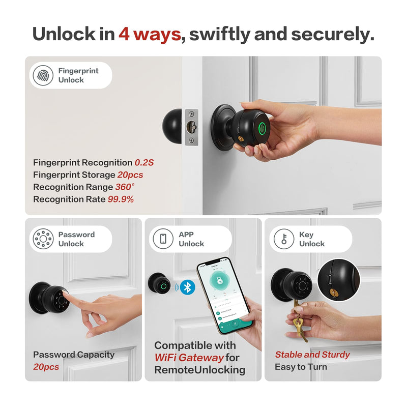 Lockin 4 in 1 Fingerprint Door Lock, Smart Door Knob with Lock, Biometric Door Lock with App Control & Key, Auto Door Lock with Code, Keyless Entry Door Lock for Bedroom, Front Door, Hotel, Apartment Modern