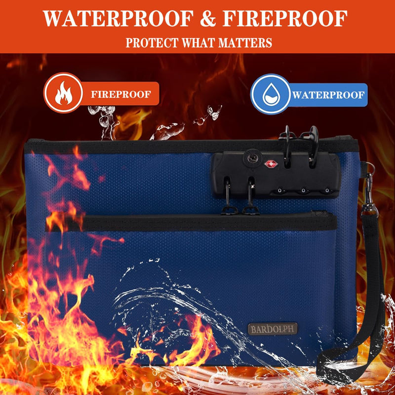 Fireproof Money Bag with Lock, Double layer Cash Bag BankBag for Cash, Valuable StorageBag,Fireproof Safe Box Money Pouch with Zipper (blue, Small) blue