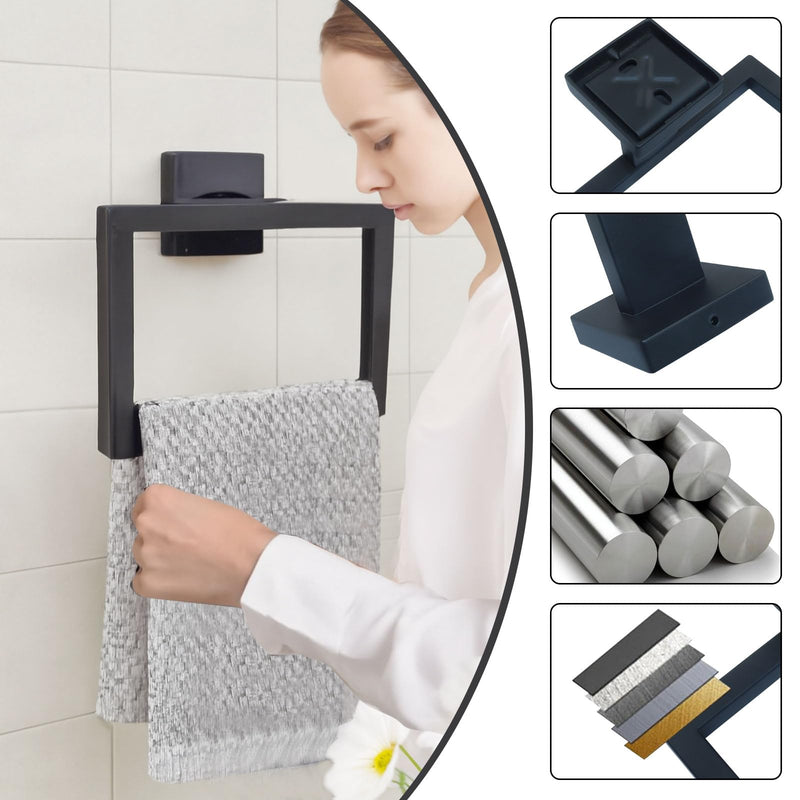 Matte Black Towel Ring, 2 Pcs | Premium Stainless Steel, Sleek Square Design, Durable Wall-Mounted, Contemporary Bathroom