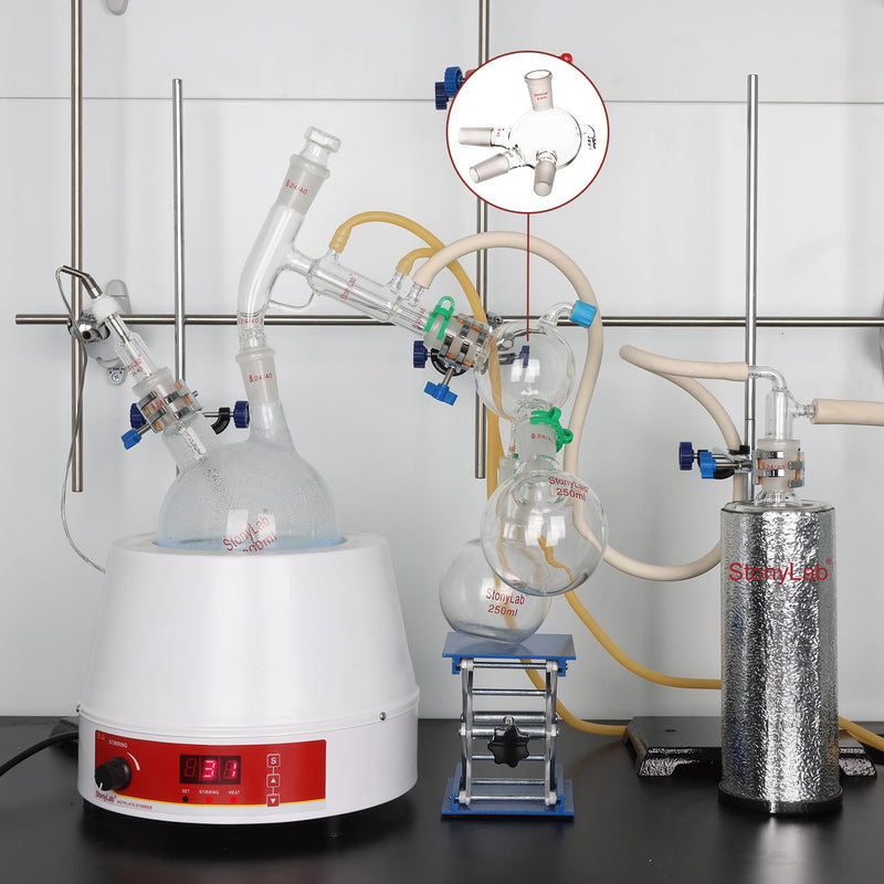stonylab Glass Distilling Receiver, Cow Type Borosilicate Glass Distillation Receiver with 24/40 Joints and Hose Connection, Used with Short Path, 500 ml