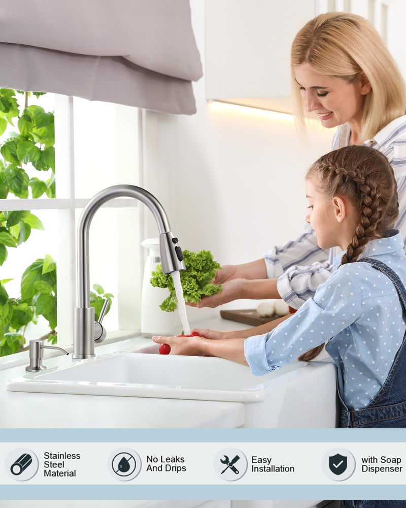 WOWOW Kitchen Sink Faucet with Soap Dispenser, Stainless Steel Pull Down Kitchen Faucet Brushed Nickel Utility Sink Faucet Single Handle High Arc Kitchen Tap for Sink, RV, Laundry, Bar Kitchen Faucet with Soap Dispenser A: Brushed Nickel
