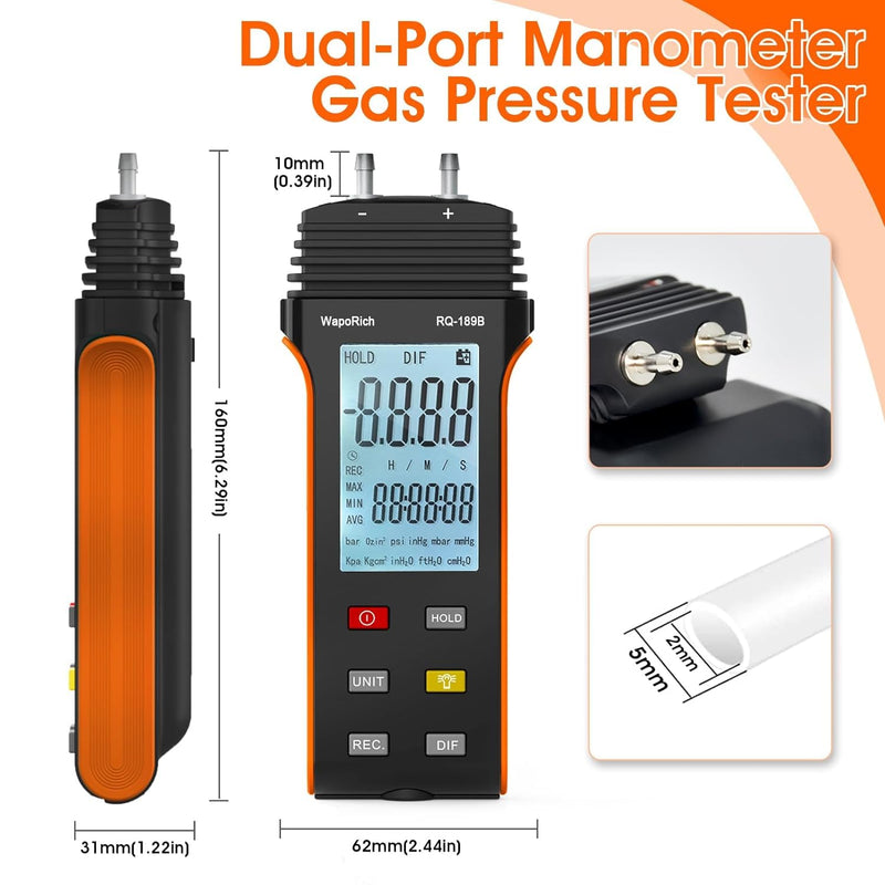Manometer Air Pressure Meter, WapoRich Dual-Port HVAC Gas Pressure Tester ±30Psi/206.8Kpa ±0.3% with 11 Selectable Units of Differential Pressure Gauge, Backlight and Data Record RQ-189B(Limit maximum pressure:30Psi)